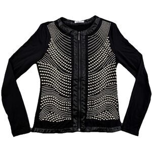 Carmin Studded Jacket Womens L Black Zip Front Faux Leather Trim Long Sleeve